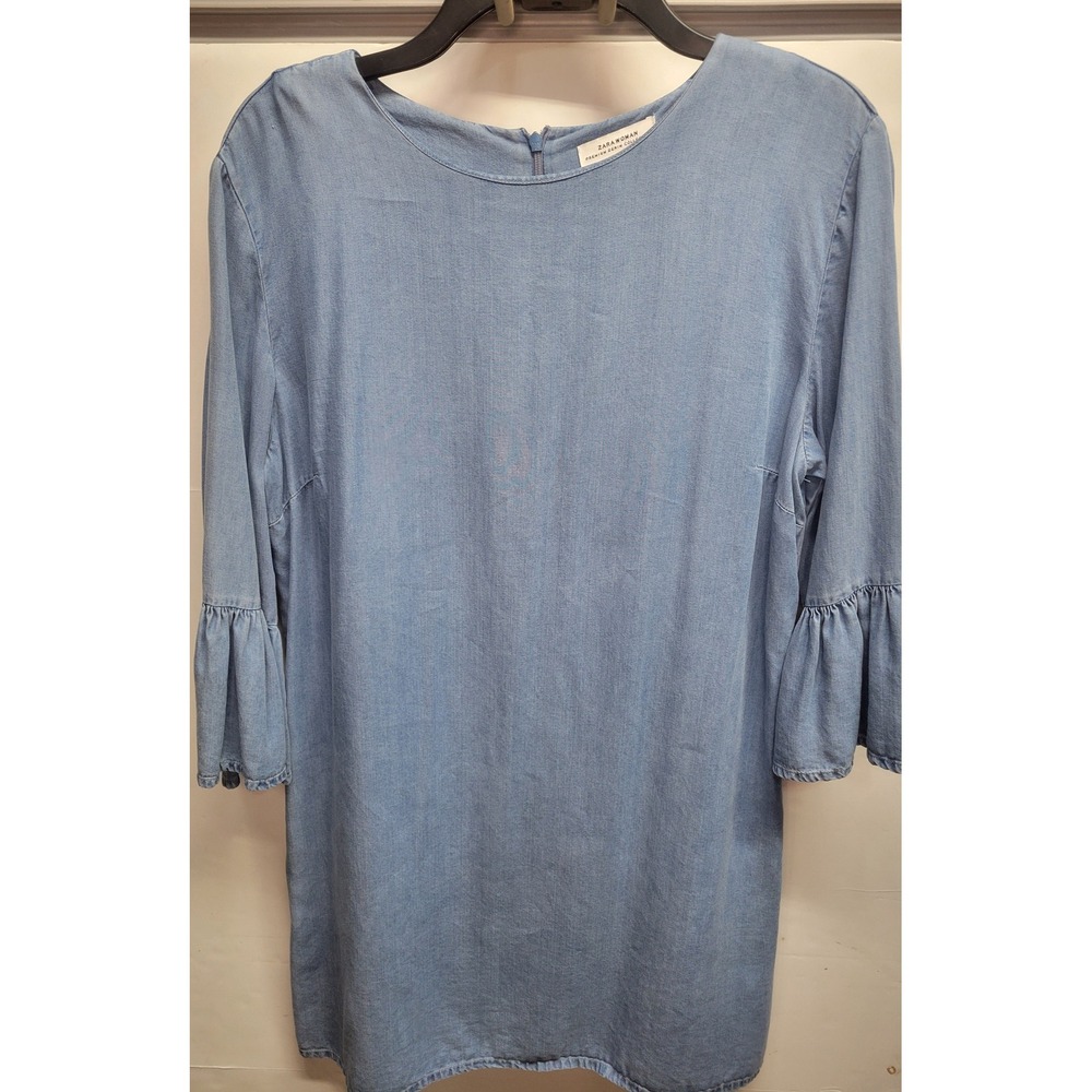 ZARA WOMAN Premium Denim Collection Dress Bell Sleeves Light Wash Blue Size L